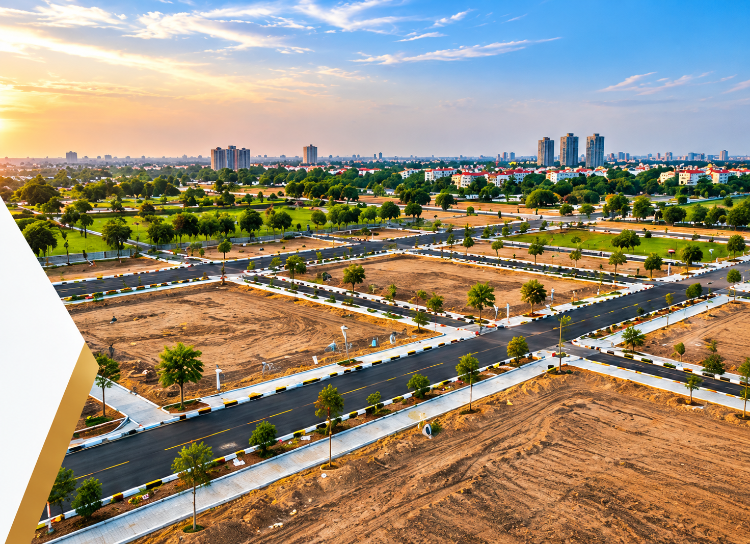 Aerial view of planned land development plots and roads